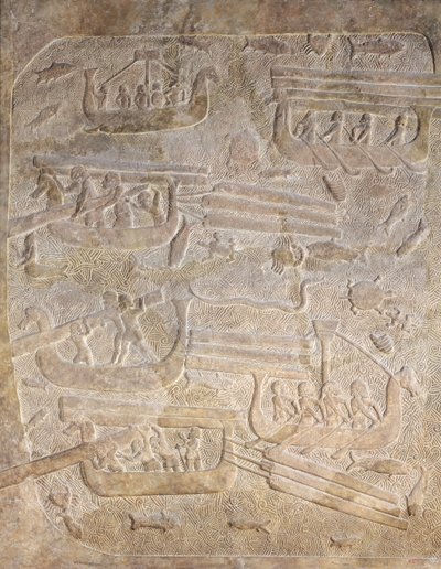 Relief, das das Entladen von Holz nach dem Transport auf dem Seeweg darstellt, aus dem Palast von Sargon II, Khorsabad, Irak von Assyrian